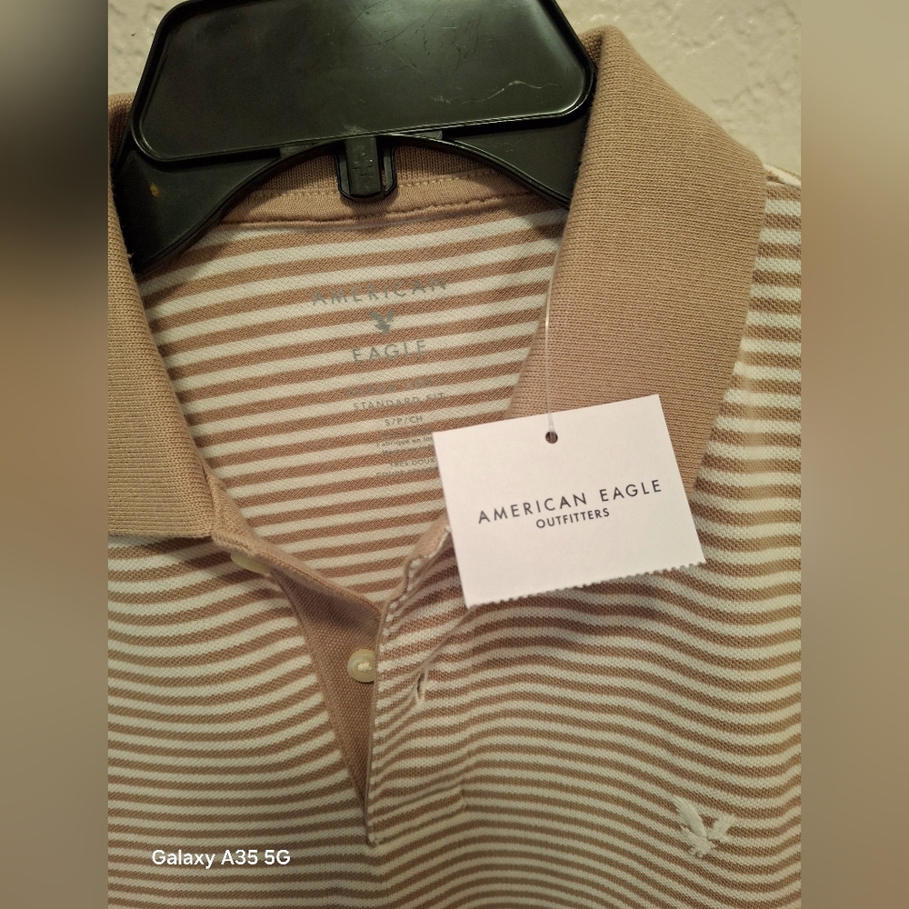 American Eagle Men's Beige Striped Polo Shirt
